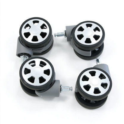 Set of 4 replacement spinner luggage wheels with silver hub caps, grey swivel housings and metal plug-in stems