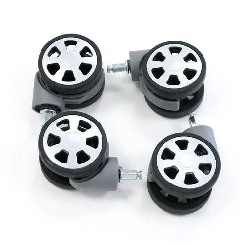 Set of 4 replacement spinner luggage wheels with silver hub caps, grey swivel housings and metal plug-in stems